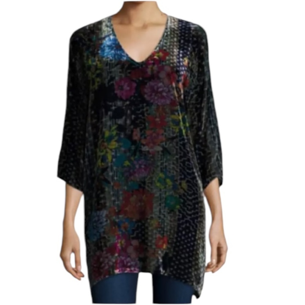 Johnny Was Tappa Silk Blend Velvet Velour Multicolor Floral V-Neck Tunic - S